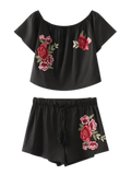 Cropped Floral Embroidered Top And Drawstring Shorts