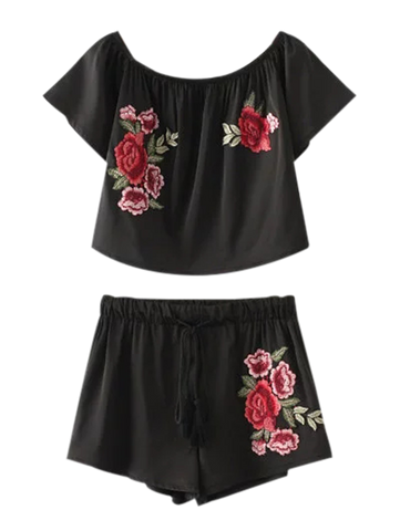 Cropped Floral Embroidered Top And Drawstring Shorts