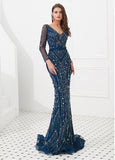 Lace V-neck Long Sleeve Blue Mermaid Evening Dress