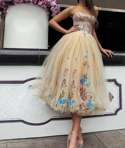 Champagne Floral Sweetheart Tulle Tea Length Prom Dress