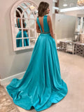 Aqua Satin Long Beading Prom Dress With Belt