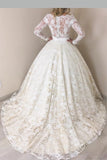 Lace V Neck Sheer Back A Line Long Sleeve Wedding Dress