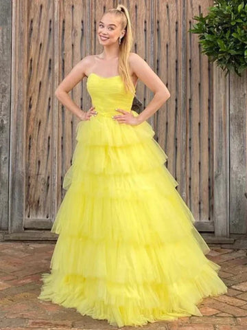 Layered Long Sweetheart Yellow Tulle Prom Dress