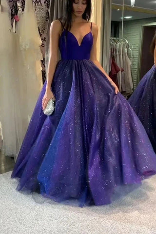Purple Tulle A Line Bling Bling Spaghetti Straps Prom Dress