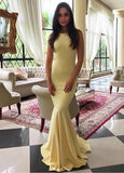 Satin Jewel Yellow Backless Mermaid Prom Dress