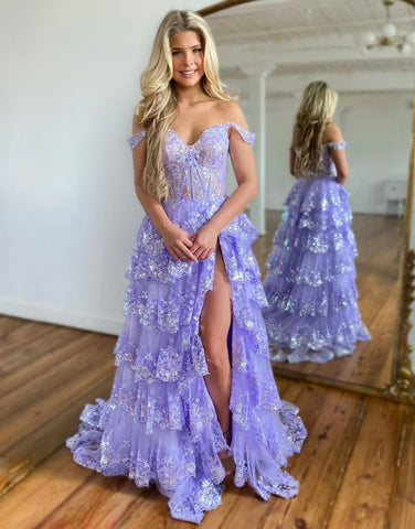 Off The Shoulder  Lavender Tiered A-Line Prom Dress With Split