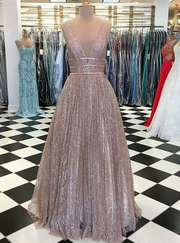 Sparkle V-Neck Sliver Sequin Belt Prom Evening Dress