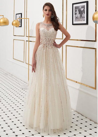 Champagne Beading Tulle Jewel Sequin Beading A-line Prom Dress