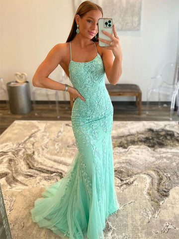 Light Green Open Back Lace Appliques Prom Dress
