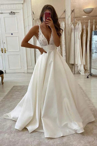 A-line Satin V-neck Wedding Dress With Lace Appliques