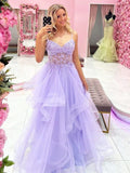 Spaghetti Straps Beading Purple Lavender Floral Long Prom Dress