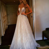 Delicate A-line Wedding Dress - Lace Sequined Jewel Sweep Train Illusion Back