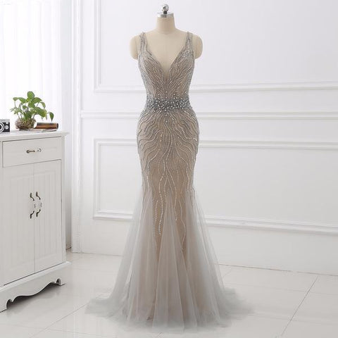 Silver Crystal V Neck Evening Prom Dress