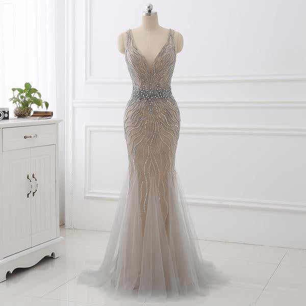 open lace back dress Luxury Gray V Neck Sleeveless Tulle Long Prom Dress with Beads Crystal –  cherishgirls