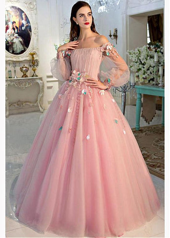 Tulle Off-the-shoulder Pink Long Sleeves Ball Gown Prom Dress With 3D Flowers