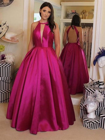 Cut Out Long Halter Fuchsia Satin Prom Dress With Pockets