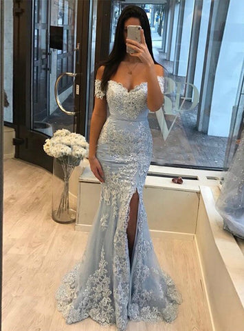 Off the Shoulder Light Blue Tulle Appliques Mermaid Prom Dress