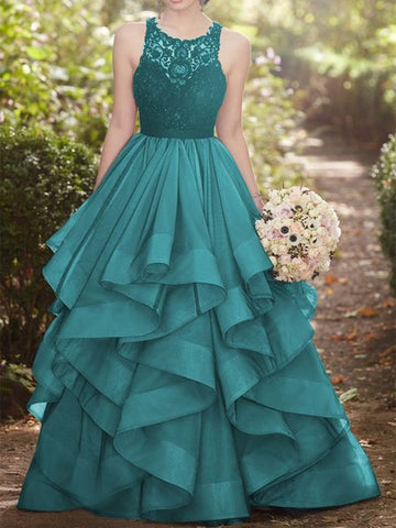 Ball Gown Green Round Neck Lace Tulle Long Ruffles Prom Dress