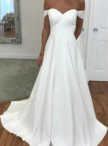 A-Line White Long Satin Off the Shoulder Wedding Dress