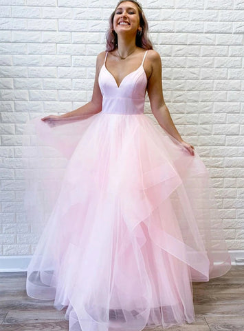 Sleeveless A-Line Pink Tulle V-neck Long Prom Dress