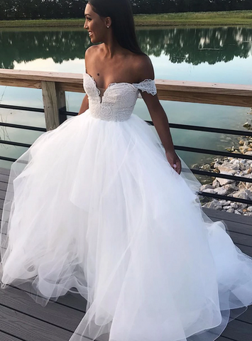 Off the Shoulder White Tulle Ball Gown Wedding Dress