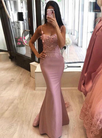 Appliques Pink Mermaid Spaghetti Straps Satin Prom Dress