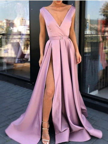 A Line V Neck Pink Satin High Slit Prom Dress with Belt
