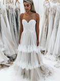 A-Line Ivory Tiered Tulle Lace Sweetheart Wedding Dress