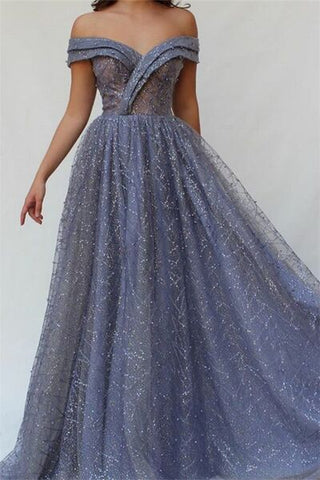 Blue Off The Shoulder Bling Bling Prom Formal Dress