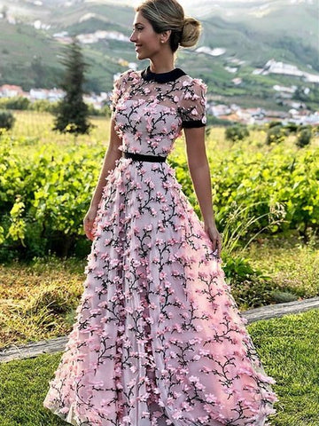 Pink Short Sleeves 3D Flowers A Line Round Neck Prom Dress