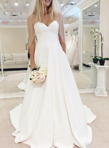 A-Line Simple White Satin Sweetheart Wedding Dress With Pocket