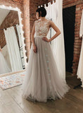 Floor Length A-Line Gray Appliques Backless Tulle Wedding Dress
