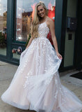 Spagehtti Straps Tulle Appliques A-Line Champagne Prom Dress