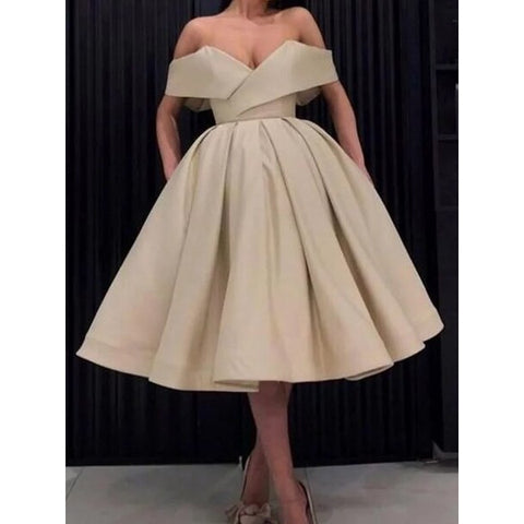 Ball Gown Satin Ruffles Off-the-Shoulder Champagne Homecoming Dress