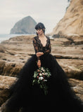 Black Ball Gown Tulle Lace Appliques Deep V-neck Long Sleeve Wedding Dress