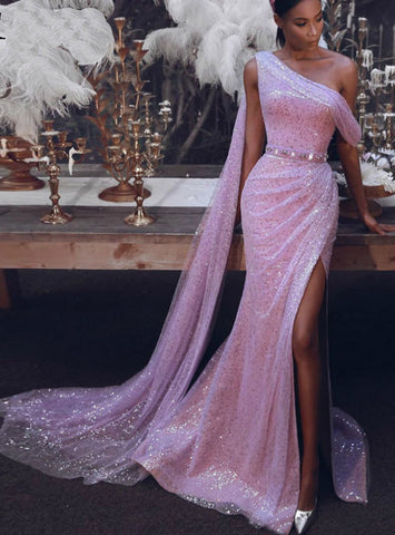 Mermaid Pink Sequins One Shoulder Tulle Beading Prom Dress