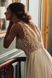 A-Line White Tulle Deep V-neck Backless Wedding Dress With Beading