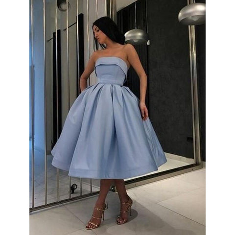 Strapless Blue Tea-Length Ball Gown Satin Ruffles Homecoming Dress