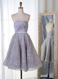 Lace Pearls Strapless Short Light Grey Homecoming Dress