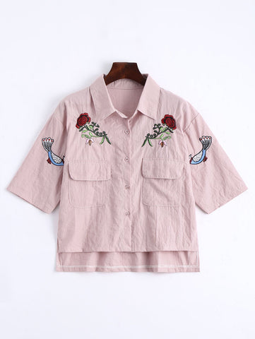 Pink Floral Patched Button Up Pockets Shirt