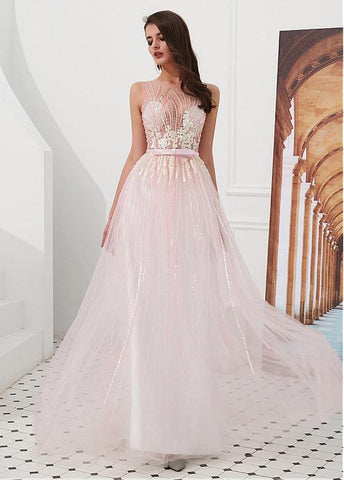 Tulle Jewel Pink A-line Prom Dresses With Beadings