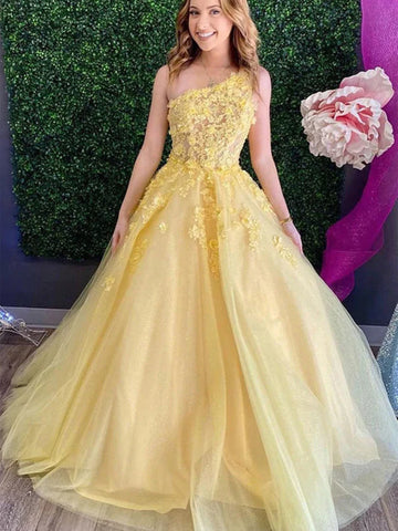One Shoulder Daffodils Appliques Lace Prom Formal Dress