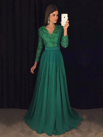 Long Sleeves Green Lace Chiffon Prom Dresses