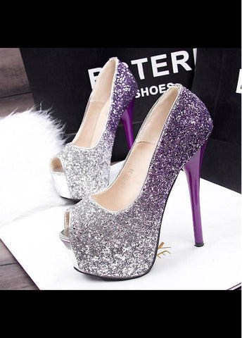 Dazzling Sequin Upper Peep Toe Stiletto Heels Party Shoes Purple