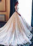 Charming Tulle Spaghetti Straps Neckline Ball Gown Wedding Dress With Beaded Lace Appliques