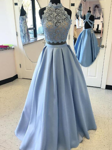  High Neck Blue Applique Satin Two Piece Prom Dress