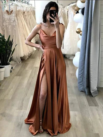 Brown Straps Sheath Column Sexy Satin Prom Dress With Slit