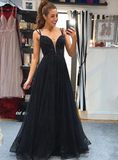 Tulle Double Straps Beading A-Line Black Backless Prom Dress