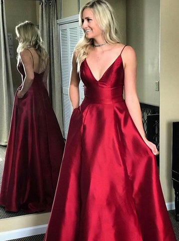  V-Neck Red Satin Prom Dress with Pockets
