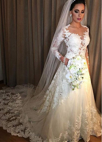 Tulle Jewel Beading Long Sleeves A-line Wedding Dress – Sassymyprom